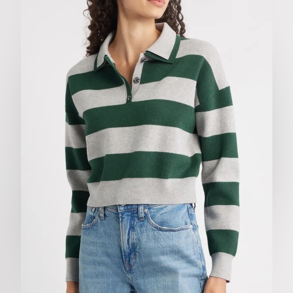 525 America Green & Grey Rugby Striped Double Collar Polo Top | Size Xs